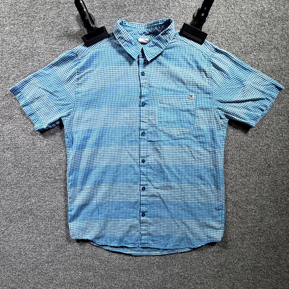 DC Shoes Shirt Men's Medium Blue White Gingham Plaid Pocket Skaterwear Button Up